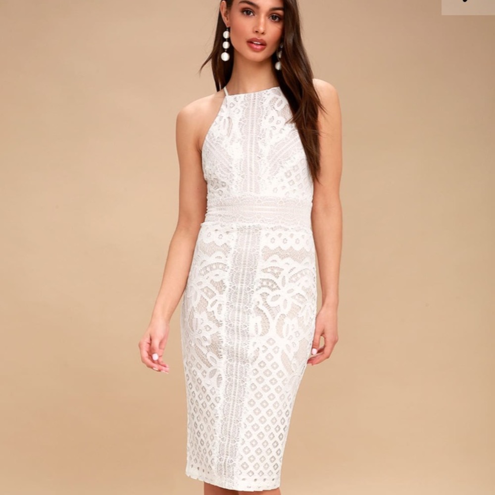 💛Lulu’s💛Primrose Nude&White Lace Bodycon